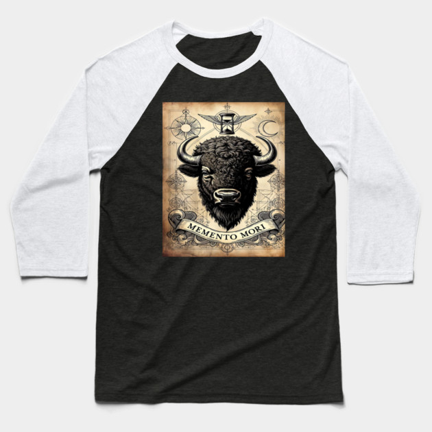 American Bison Stoicism: Memento Mori Vintage Woodcut Art Baseball T-Shirt by Pixel Threads 