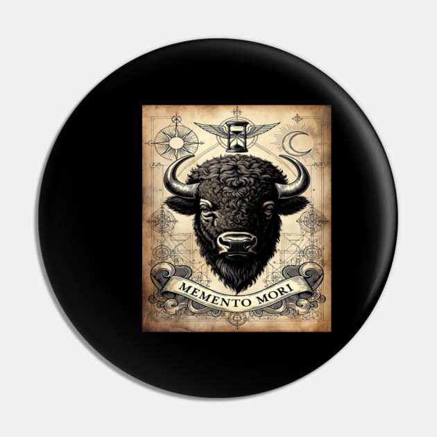 American Bison Stoicism: Memento Mori Vintage Woodcut Art Pin by Pixel Threads 