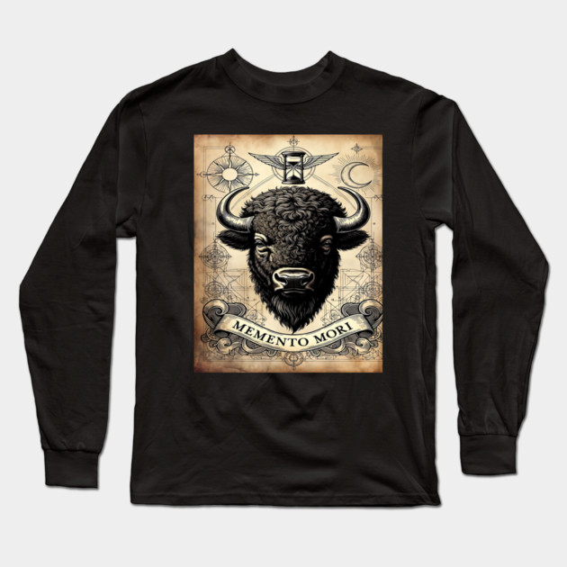 American Bison Stoicism: Memento Mori Vintage Woodcut Art Long Sleeve T-Shirt by Pixel Threads 