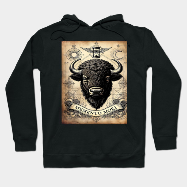 American Bison Stoicism: Memento Mori Vintage Woodcut Art Hoodie by Pixel Threads 