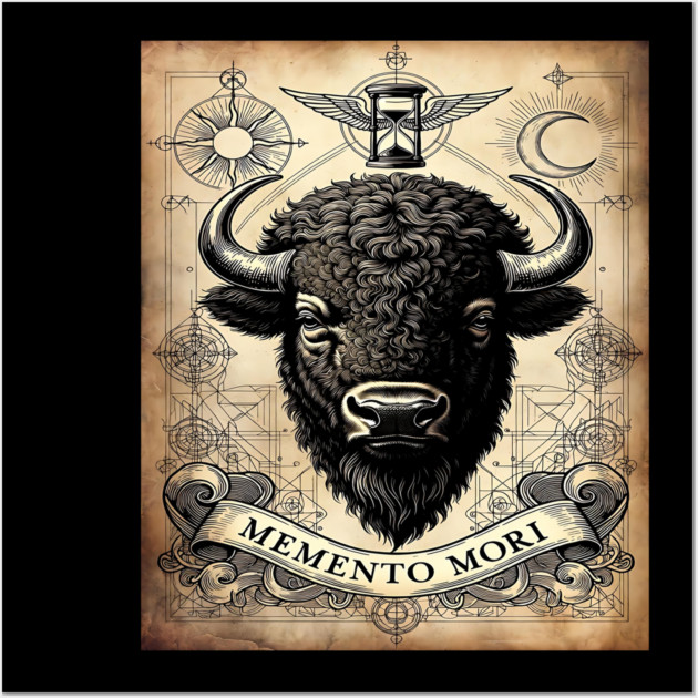American Bison Stoicism: Memento Mori Vintage Woodcut Art Wall Art by Pixel Threads 