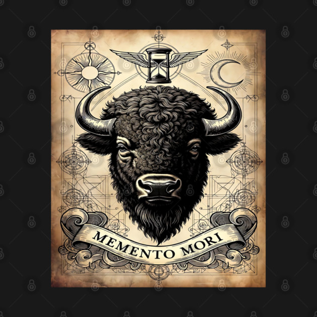 American Bison Stoicism: Memento Mori Vintage Woodcut Art by Pixel Threads 