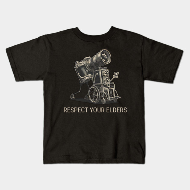 Respect Your Elders  - Vintage Analog Camera - Retro Photography Art Kids T-Shirt by Pixel Threads 