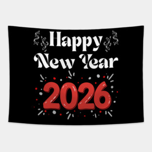 Happy New Year 2026 Celebration with Confetti and Balloons Tapestry