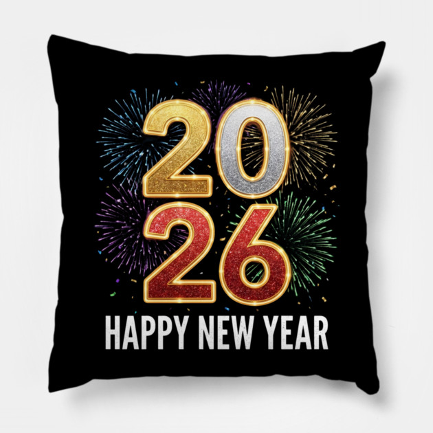 Happy New Year 2026 Fireworks Celebration Pillow by Creatifly Graphic Tees