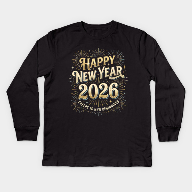 Happy New Year 2026 Fireworks Cheers to New Beginnings Kids Long Sleeve T-Shirt by Creatifly Graphic Tees
