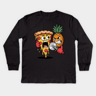Scared Pizza Versus Pineapple Pizza Cutter Funny Food Kids Long Sleeve T-Shirt