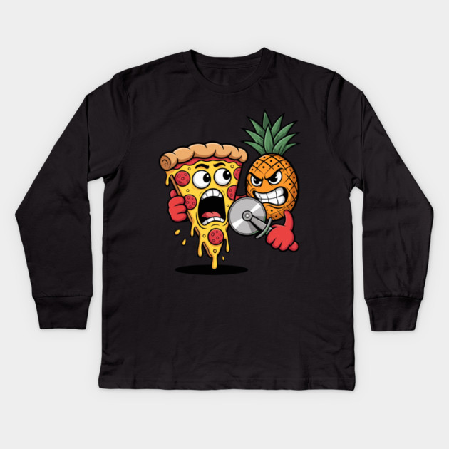 Scared Pizza Versus Pineapple Pizza Cutter Funny Food Kids Long Sleeve T-Shirt by belownormal