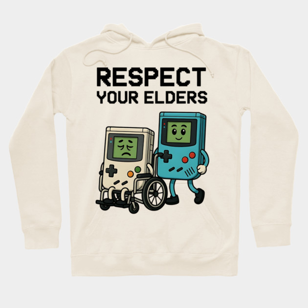 Respect Your Elders – Retro vs Modern Gaming Humor Illustration Hoodie by Pixel Threads 