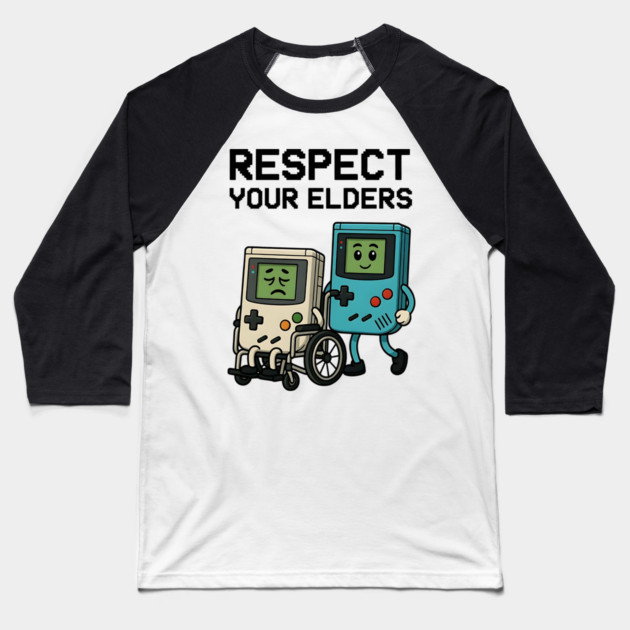Respect Your Elders – Retro vs Modern Gaming Humor Illustration Baseball T-Shirt by Pixel Threads 