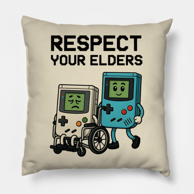 Respect Your Elders – Retro vs Modern Gaming Humor Illustration Pillow by Pixel Threads 
