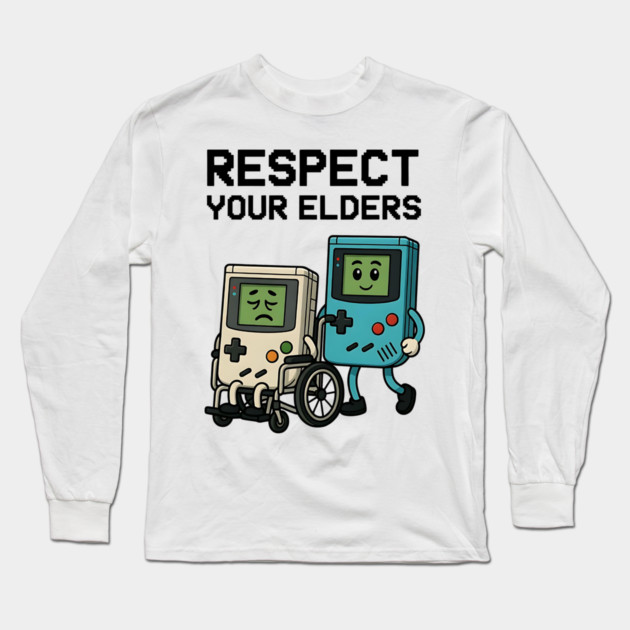 Respect Your Elders – Retro vs Modern Gaming Humor Illustration Long Sleeve T-Shirt by Pixel Threads 