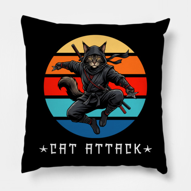 Cat Attack Ninja Cat – Funny Martial Arts Cat For Men, Women & Kids Pillow by Pixel Threads 