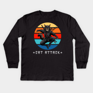Cat Attack Ninja Cat – Funny Martial Arts Cat For Men, Women & Kids Kids Long Sleeve T-Shirt