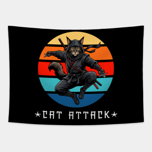 Cat Attack Ninja Cat – Funny Martial Arts Cat For Men, Women & Kids Tapestry by Pixel Threads 