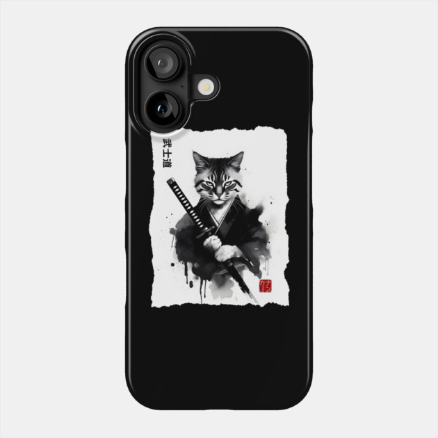 Samurai Cat, Fierce Japanese Art Sumi-e Epic Warrior Feline with Katana for Cat Lovers, Anime & Martial Arts Fans Phone Case by Pixel Threads 