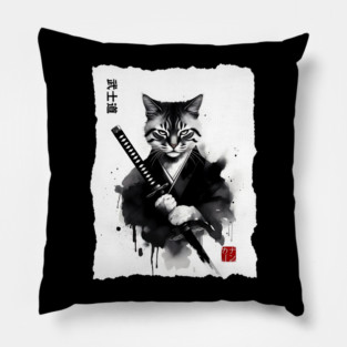 Samurai Cat, Fierce Japanese Art Sumi-e Epic Warrior Feline with Katana for Cat Lovers, Anime & Martial Arts Fans Pillow