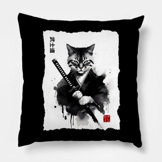 Samurai Cat, Fierce Japanese Art Sumi-e Epic Warrior Feline with Katana for Cat Lovers, Anime & Martial Arts Fans Pillow by Pixel Threads 