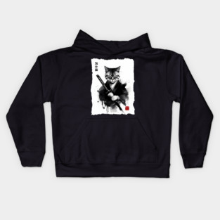 Samurai Cat, Fierce Japanese Art Sumi-e Epic Warrior Feline with Katana for Cat Lovers, Anime & Martial Arts Fans Kids Hoodie