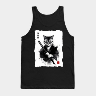 Samurai Cat, Fierce Japanese Art Sumi-e Epic Warrior Feline with Katana for Cat Lovers, Anime & Martial Arts Fans Tank Top