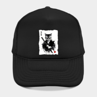 Samurai Cat, Fierce Japanese Art Sumi-e Epic Warrior Feline with Katana for Cat Lovers, Anime & Martial Arts Fans Hat