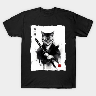 Samurai Cat, Fierce Japanese Art Sumi-e Epic Warrior Feline with Katana for Cat Lovers, Anime & Martial Arts Fans T-Shirt