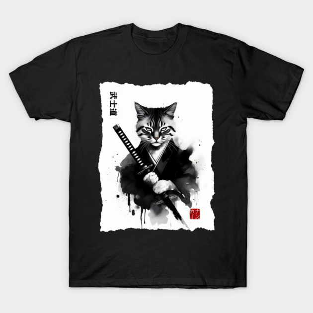 Samurai Cat, Fierce Japanese Art Sumi-e Epic Warrior Feline with Katana for Cat Lovers, Anime & Martial Arts Fans T-Shirt by Pixel Threads 