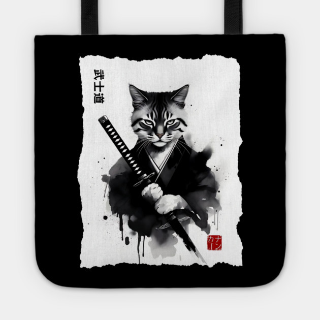 Samurai Cat, Fierce Japanese Art Sumi-e Epic Warrior Feline with Katana for Cat Lovers, Anime & Martial Arts Fans Tote by Pixel Threads 