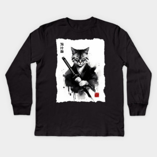 Samurai Cat, Fierce Japanese Art Sumi-e Epic Warrior Feline with Katana for Cat Lovers, Anime & Martial Arts Fans Kids Long Sleeve T-Shirt