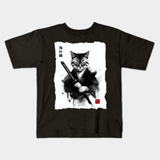 Samurai Cat, Fierce Japanese Art Sumi-e Epic Warrior Feline with Katana for Cat Lovers, Anime & Martial Arts Fans Kids T-Shirt