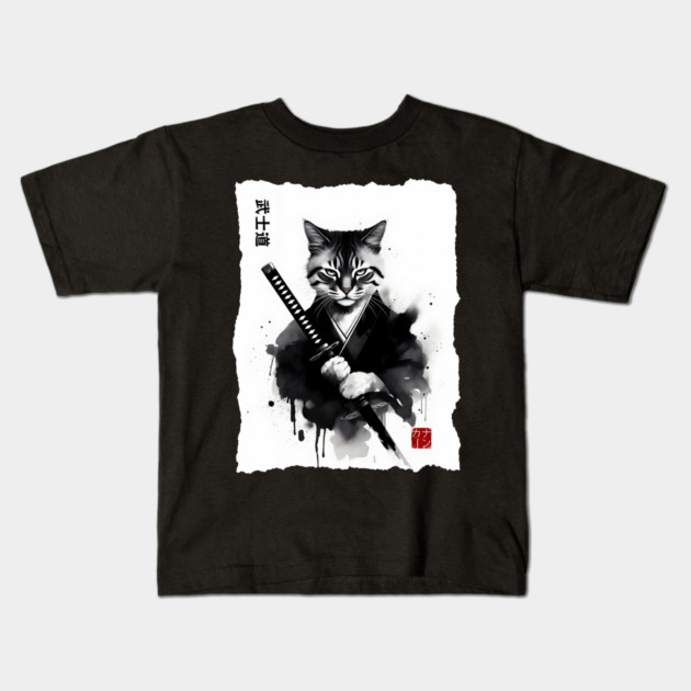 Samurai Cat, Fierce Japanese Art Sumi-e Epic Warrior Feline with Katana for Cat Lovers, Anime & Martial Arts Fans Kids T-Shirt by Pixel Threads 