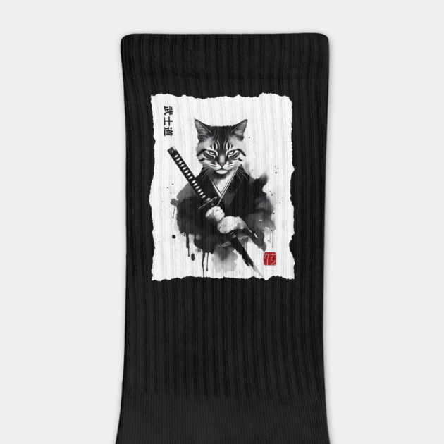 Samurai Cat, Fierce Japanese Art Sumi-e Epic Warrior Feline with Katana for Cat Lovers, Anime & Martial Arts Fans by Pixel Threads 