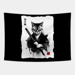 Samurai Cat, Fierce Japanese Art Sumi-e Epic Warrior Feline with Katana for Cat Lovers, Anime & Martial Arts Fans Tapestry