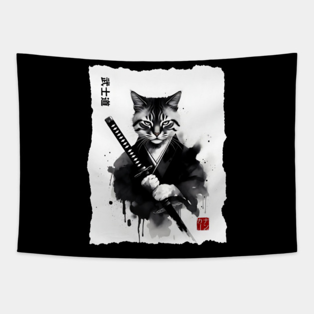 Samurai Cat, Fierce Japanese Art Sumi-e Epic Warrior Feline with Katana for Cat Lovers, Anime & Martial Arts Fans Tapestry by Pixel Threads 