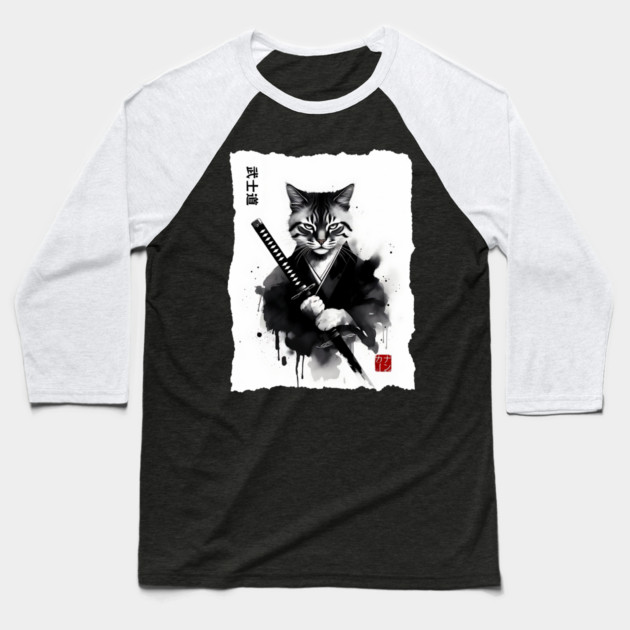 Samurai Cat, Fierce Japanese Art Sumi-e Epic Warrior Feline with Katana for Cat Lovers, Anime & Martial Arts Fans Baseball T-Shirt by Pixel Threads 