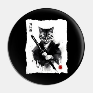 Samurai Cat, Fierce Japanese Art Sumi-e Epic Warrior Feline with Katana for Cat Lovers, Anime & Martial Arts Fans Pin