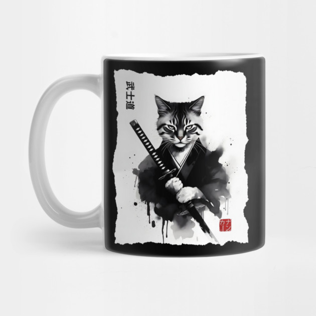 Samurai Cat, Fierce Japanese Art Sumi-e Epic Warrior Feline with Katana for Cat Lovers, Anime & Martial Arts Fans by Pixel Threads 