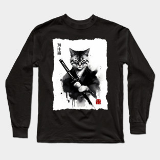 Samurai Cat, Fierce Japanese Art Sumi-e Epic Warrior Feline with Katana for Cat Lovers, Anime & Martial Arts Fans Long Sleeve T-Shirt