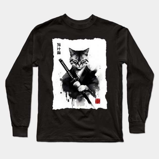 Samurai Cat, Fierce Japanese Art Sumi-e Epic Warrior Feline with Katana for Cat Lovers, Anime & Martial Arts Fans Long Sleeve T-Shirt by Pixel Threads 