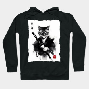 Samurai Cat, Fierce Japanese Art Sumi-e Epic Warrior Feline with Katana for Cat Lovers, Anime & Martial Arts Fans Hoodie
