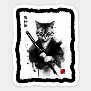 Samurai Cat, Fierce Japanese Art Sumi-e Epic Warrior Feline with Katana for Cat Lovers, Anime & Martial Arts Fans Magnet