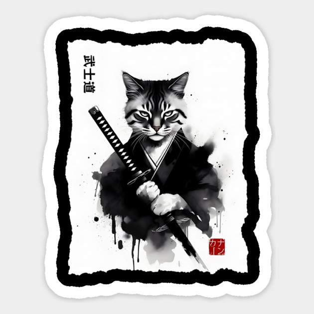 Samurai Cat, Fierce Japanese Art Sumi-e Epic Warrior Feline with Katana for Cat Lovers, Anime & Martial Arts Fans Magnet by Pixel Threads 