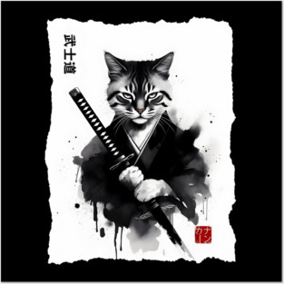Samurai Cat, Fierce Japanese Art Sumi-e Epic Warrior Feline with Katana for Cat Lovers, Anime & Martial Arts Fans Posters and Art