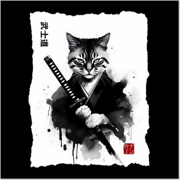Samurai Cat, Fierce Japanese Art Sumi-e Epic Warrior Feline with Katana for Cat Lovers, Anime & Martial Arts Fans Wall Art by Pixel Threads 