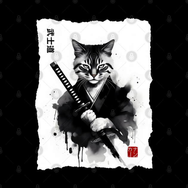 Samurai Cat, Fierce Japanese Art Sumi-e Epic Warrior Feline with Katana for Cat Lovers, Anime & Martial Arts Fans by Pixel Threads 