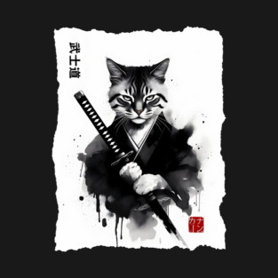 Samurai Cat, Fierce Japanese Art Sumi-e Epic Warrior Feline with Katana for Cat Lovers, Anime & Martial Arts Fans T-Shirt
