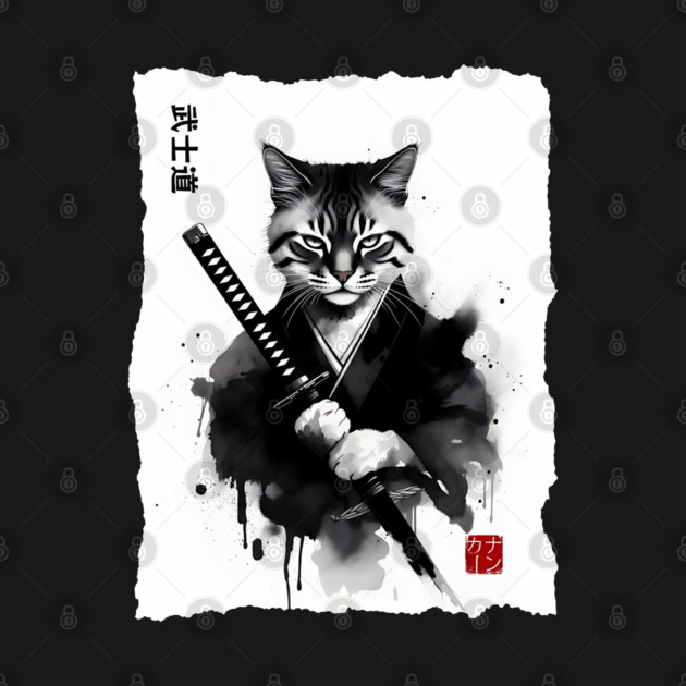 Samurai Cat, Fierce Japanese Art Sumi-e Epic Warrior Feline with Katana for Cat Lovers, Anime & Martial Arts Fans by Pixel Threads 