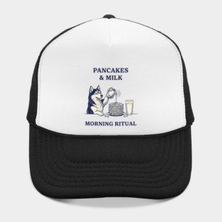 Funny Siberian Husky Pancakes & Milk Morning Ritual T-Shirt - Cute Dog Breakfast Lover Graphic Tee for Husky Moms Dads Hat