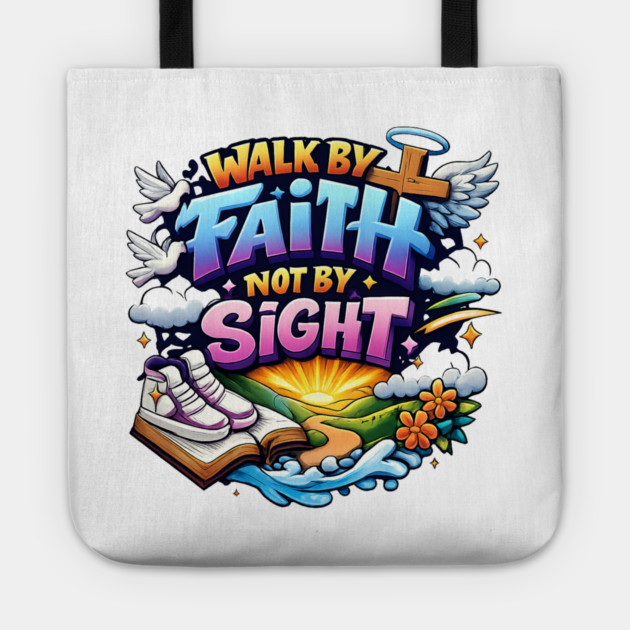 Walk by Faith Not by Sight Christian Typography Art | Inspirational Faith Quote Design Tote by Anne Lee