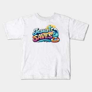 Jesus Saves Christian Faith Design | Grace Cross and Wave Illustration Kids T-Shirt